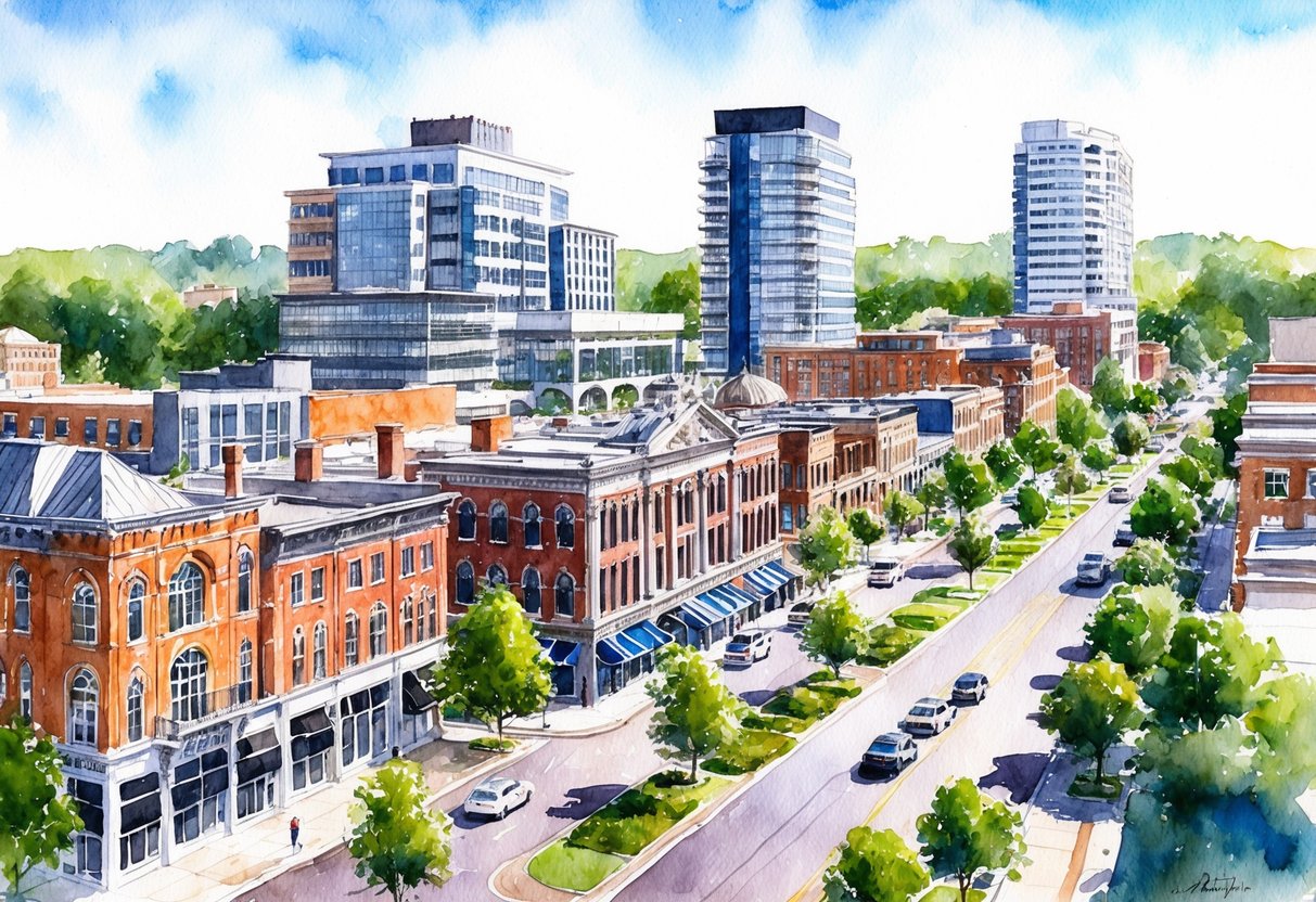 A bustling downtown street with historic buildings and modern developments, surrounded by lush green parks and tree-lined neighborhoods