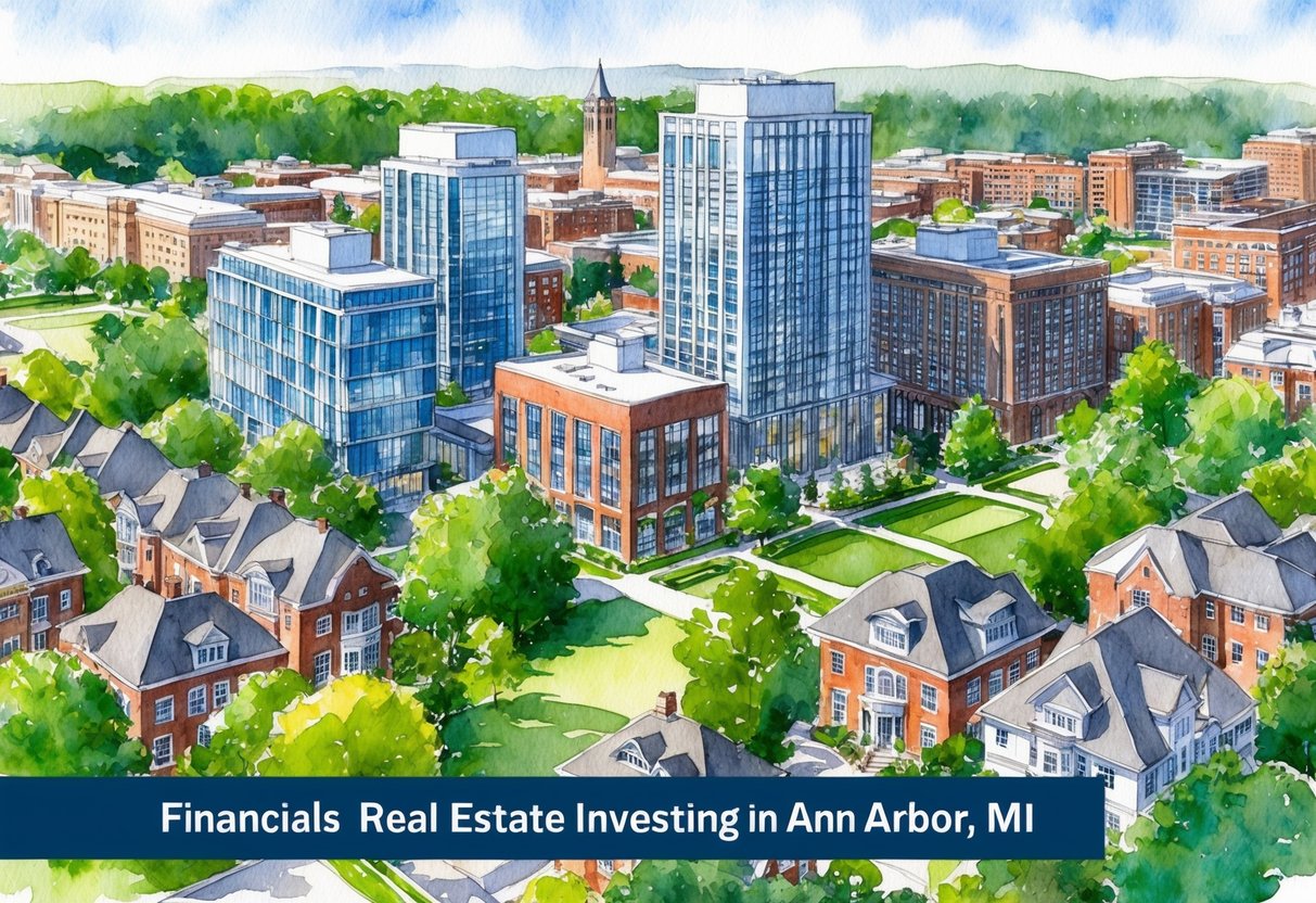 A bustling cityscape with modern buildings and residential homes, surrounded by greenery and a university campus, symbolizing the financial aspects of real estate investing in Ann Arbor, MI