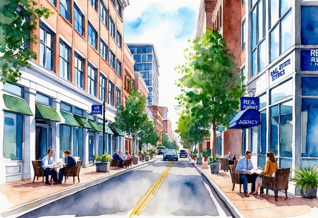 A bustling downtown street in Ann Arbor, MI, lined with modern office buildings and real estate agencies, with professionals engaged in discussions and meetings
