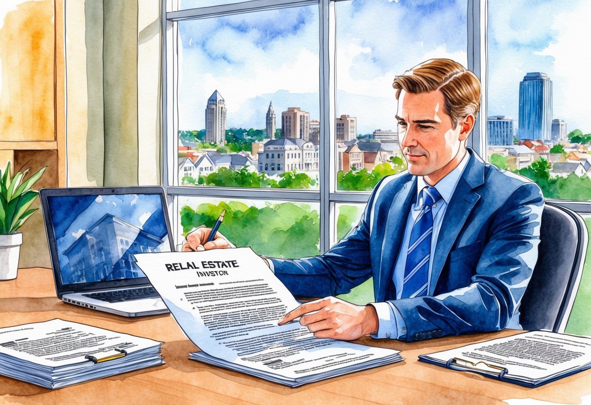 A real estate investor reviewing legal documents in an office, with a cityscape of Ann Arbor, MI visible through the window