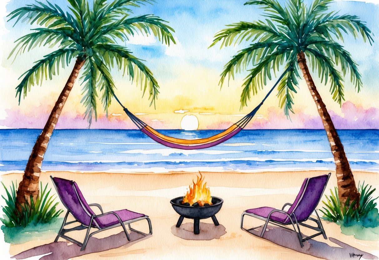 A serene beach at sunset, with a hammock strung between two palm trees and a small fire pit nearby. A couple of lounge chairs sit empty, facing the ocean