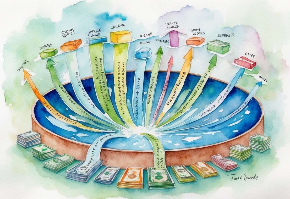 A diverse array of income sources flowing into a central pool, with various expenses and investments branching out from it