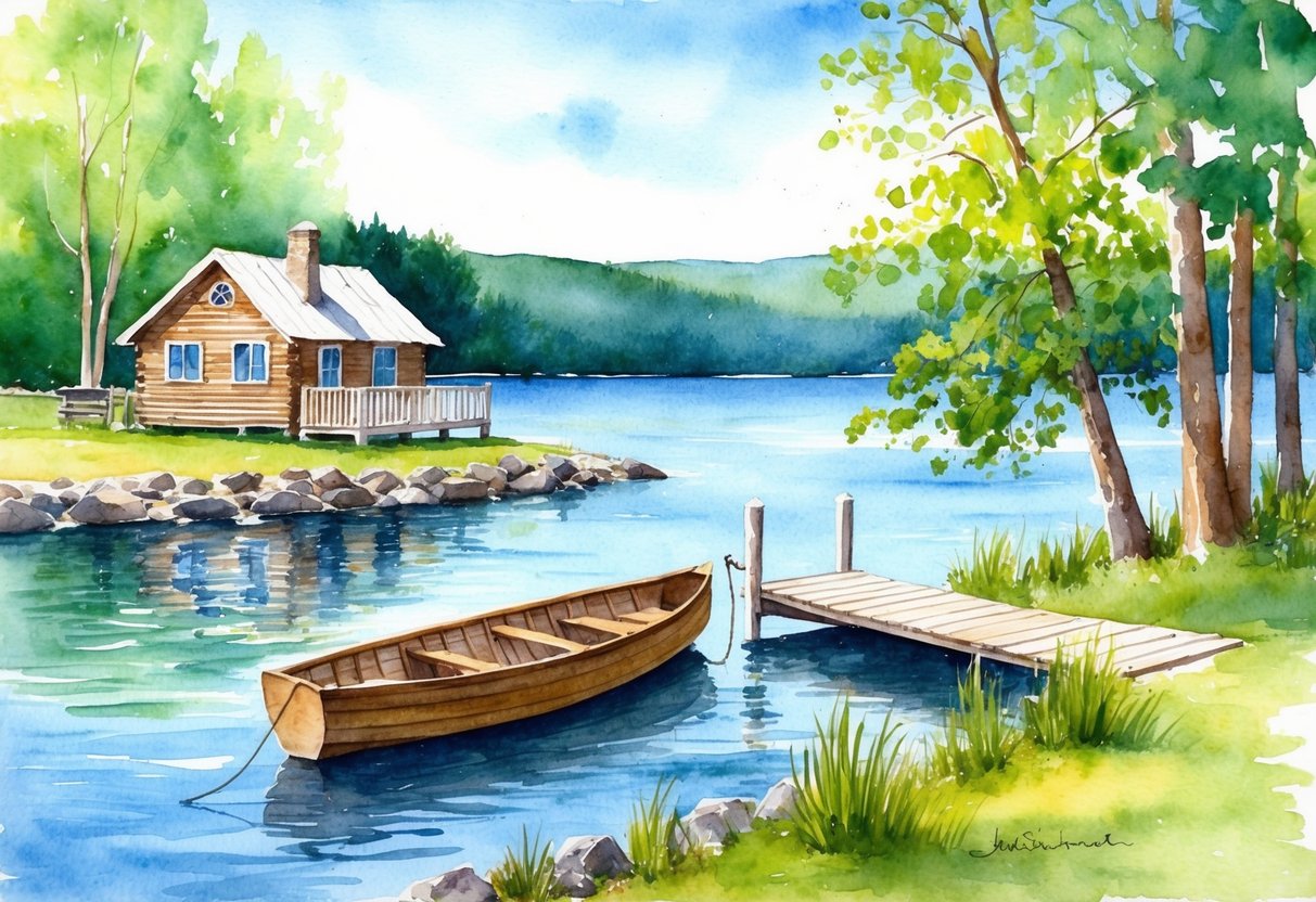A serene lakeside cabin with a rowboat tied to a dock, surrounded by lush green trees and a clear blue sky