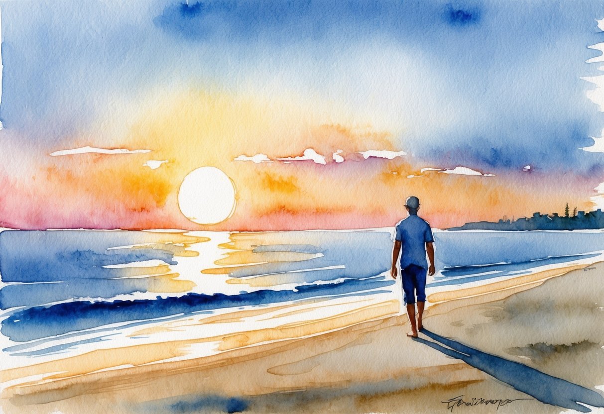 A serene beach at sunset, with a lone figure walking along the shore, gazing out at the horizon. A tranquil setting that evokes a sense of peace and financial security