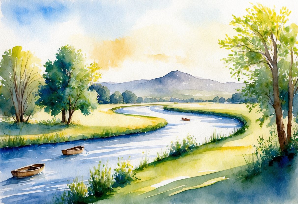A serene, sunlit landscape with a winding river, lush trees, and a distant mountain range. A couple of small boats are seen on the river, and a peaceful atmosphere is conveyed through the natural beauty of the scene