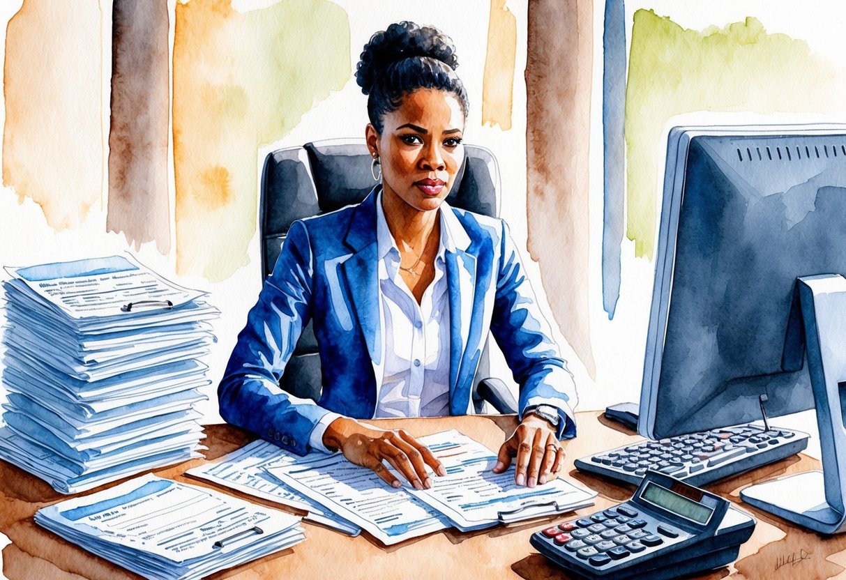 A person sitting at a desk surrounded by financial documents, calculator, and computer, with a determined expression