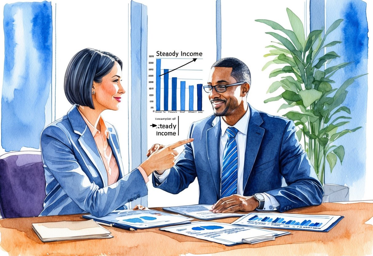 A financial advisor sits at a desk, reviewing cash flow charts and retirement savings plans with a client. The advisor points to a projection of steady income over time