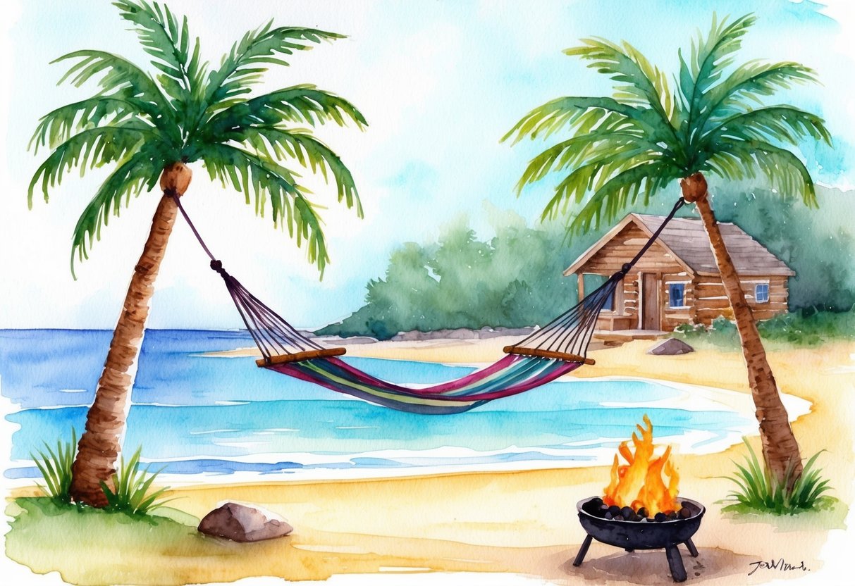 A serene beach with a hammock strung between two palm trees, a small fire pit, and a cozy cabin nestled in the background