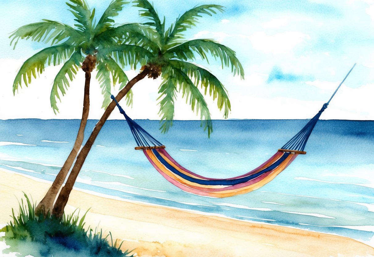 A serene beach with a hammock strung between two palm trees, overlooking a calm ocean with a gentle breeze