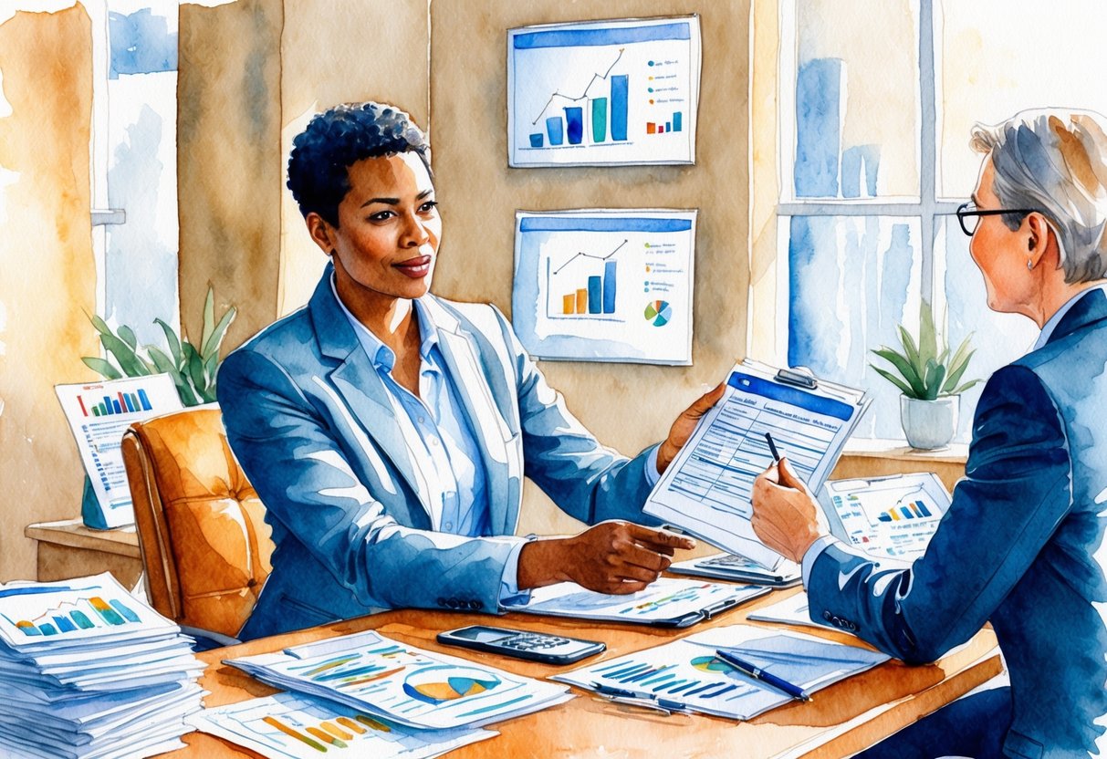 A person sitting at a desk surrounded by financial documents and charts, with a determined expression while speaking with a financial advisor