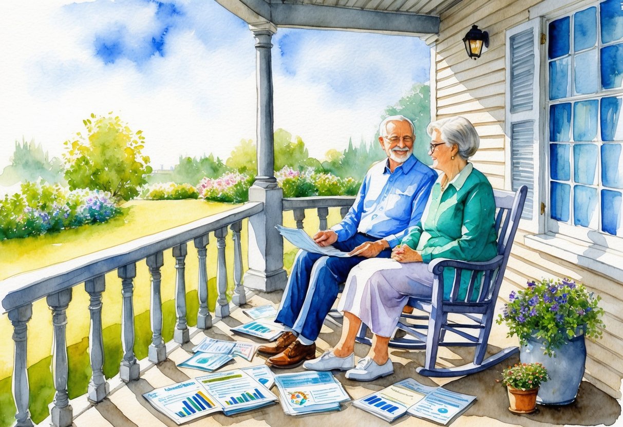 A serene, elderly couple sits on a porch overlooking a peaceful garden, surrounded by financial documents and charts, discussing retirement cash flow