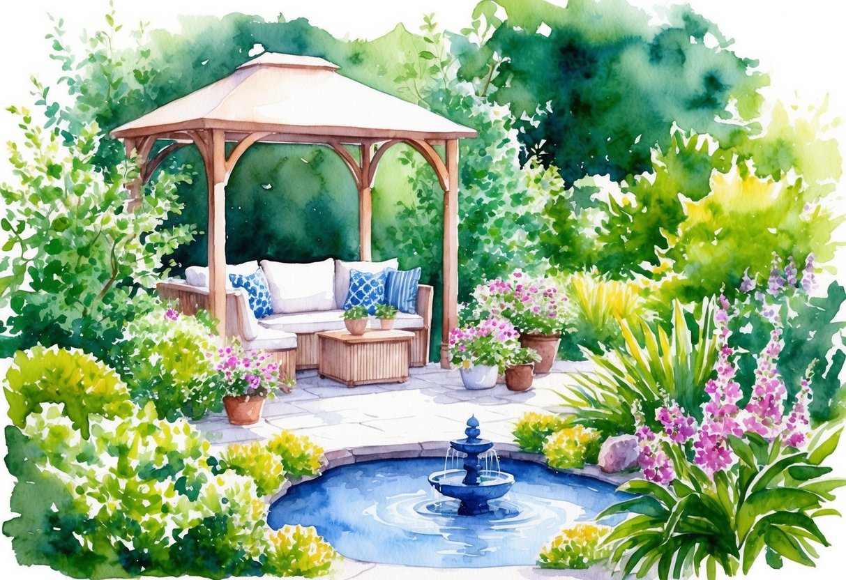 A serene garden with a cozy outdoor seating area, surrounded by lush greenery and blooming flowers, with a tranquil pond and a small fountain