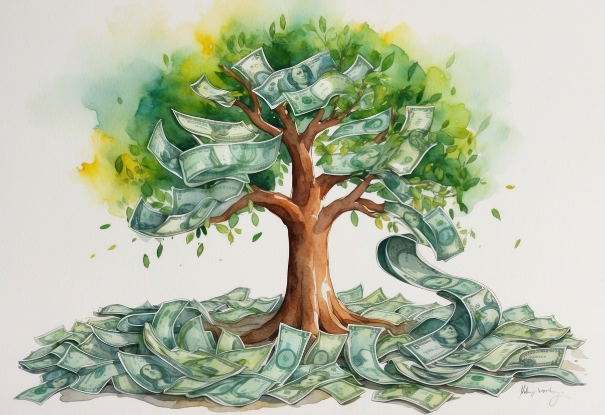 A tree with money growing on its branches, surrounded by a flowing stream of cash