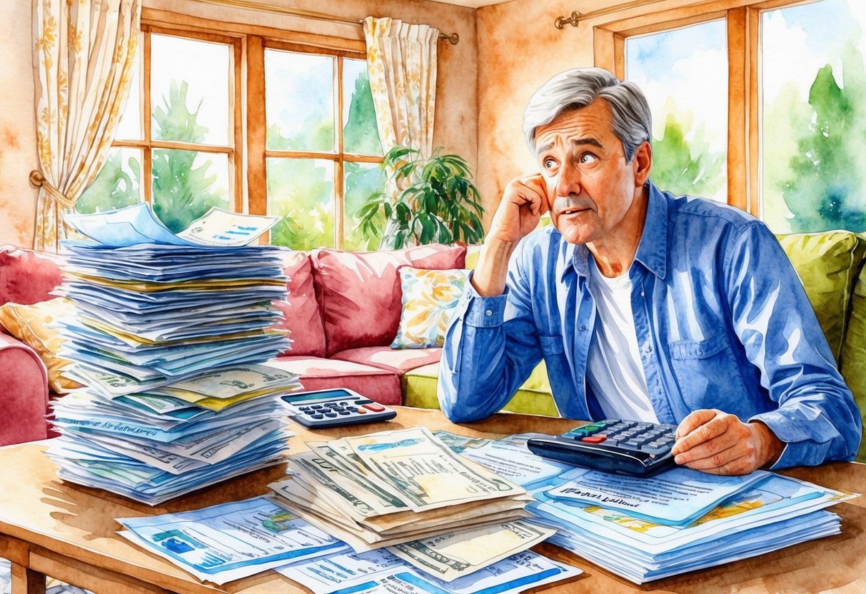 A cozy living room with a stack of bills and financial documents spread out on a table, a calculator, and a worried expression on the face of a person looking at their retirement savings