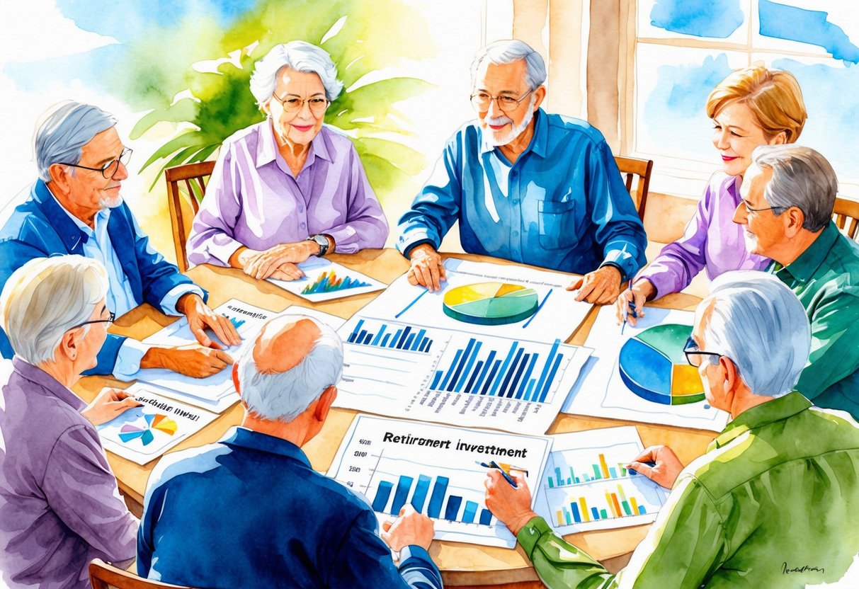 A group of elderly individuals sitting around a table, discussing retirement investment strategies. Charts and graphs are spread out, showing the reality of retiring without a million-dollar nest egg