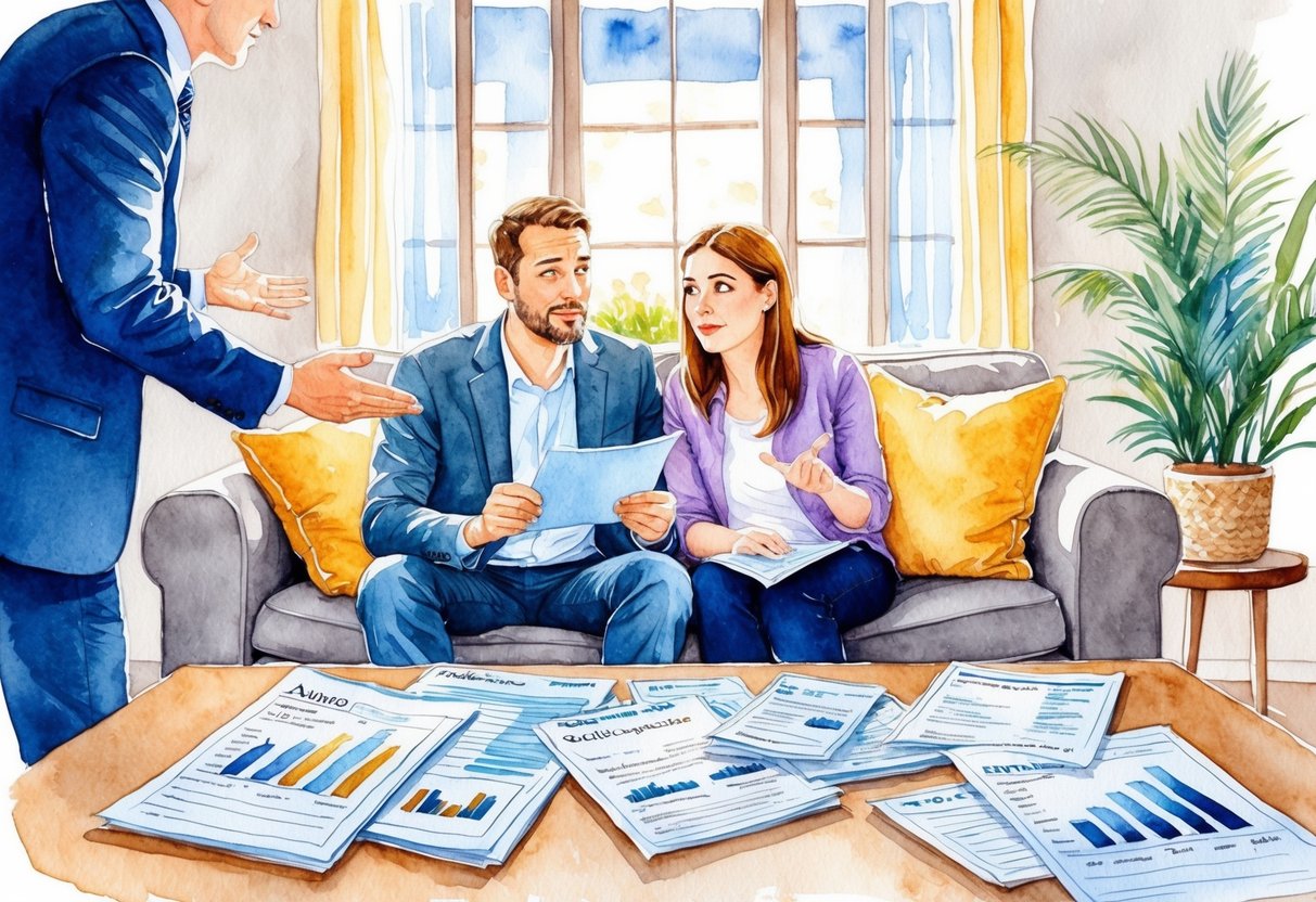 A cozy living room with a couple sitting on a couch, surrounded by financial documents and a worried expression. An advisor gestures reassuringly