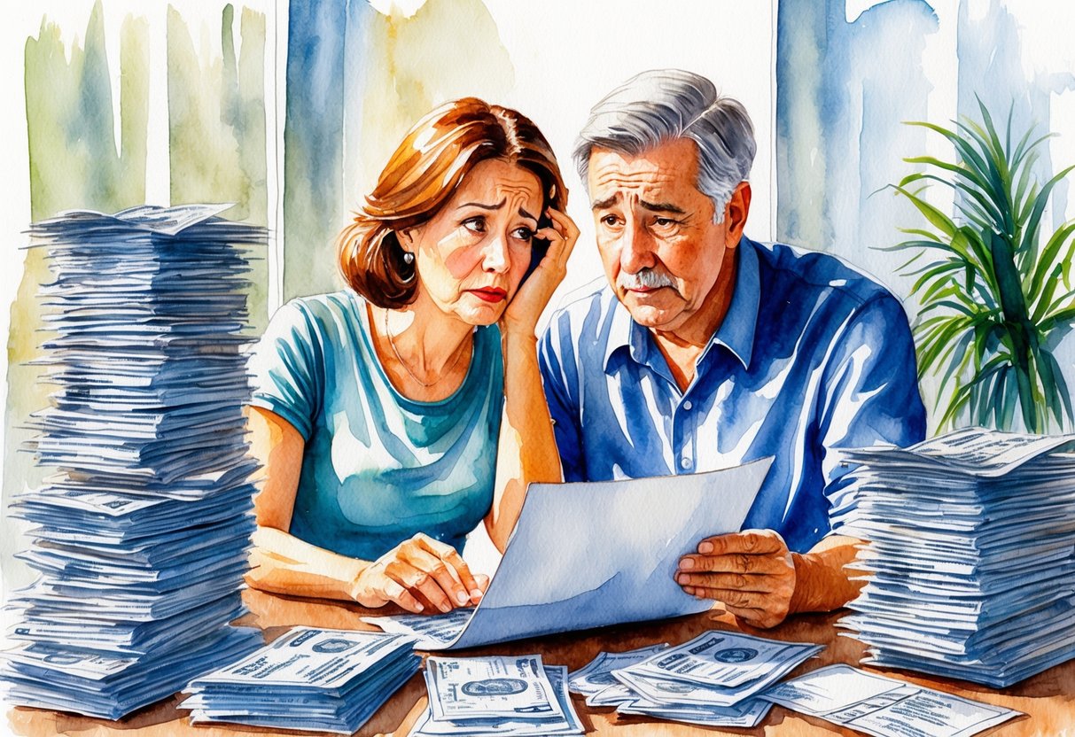 A worried couple looks at their dwindling retirement savings while surrounded by stacks of bills and financial documents