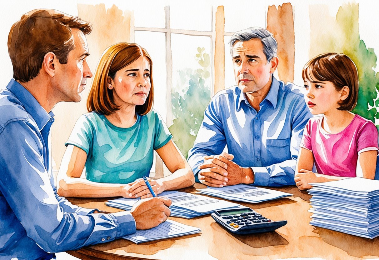 A family sitting around a table, discussing finances and legacy planning. The parents look concerned while the children listen attentively. A stack of papers and a calculator are on the table