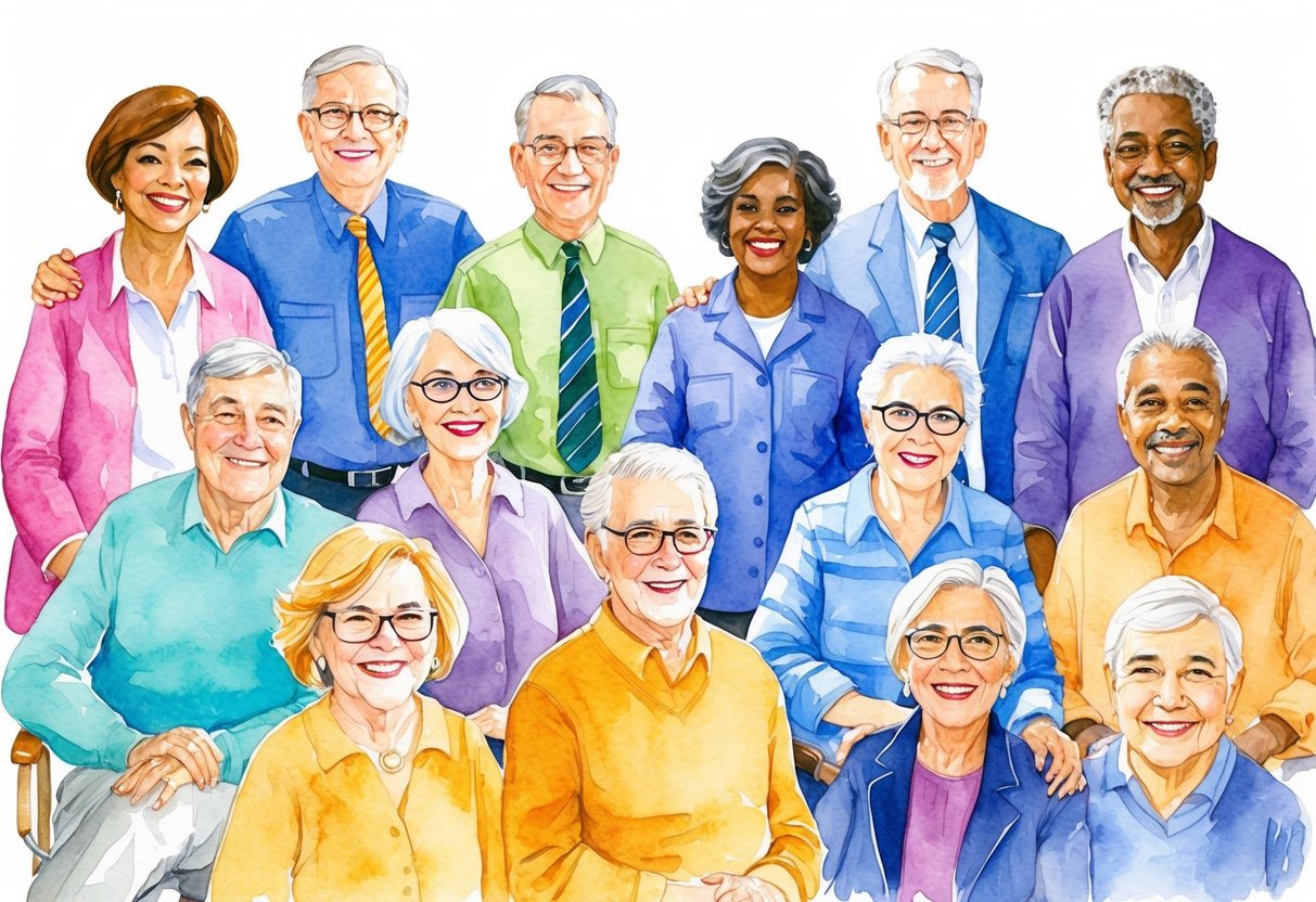 A diverse group of older adults from different backgrounds and professions, each with varying financial resources and assets, facing the reality of retirement without a million-dollar nest egg