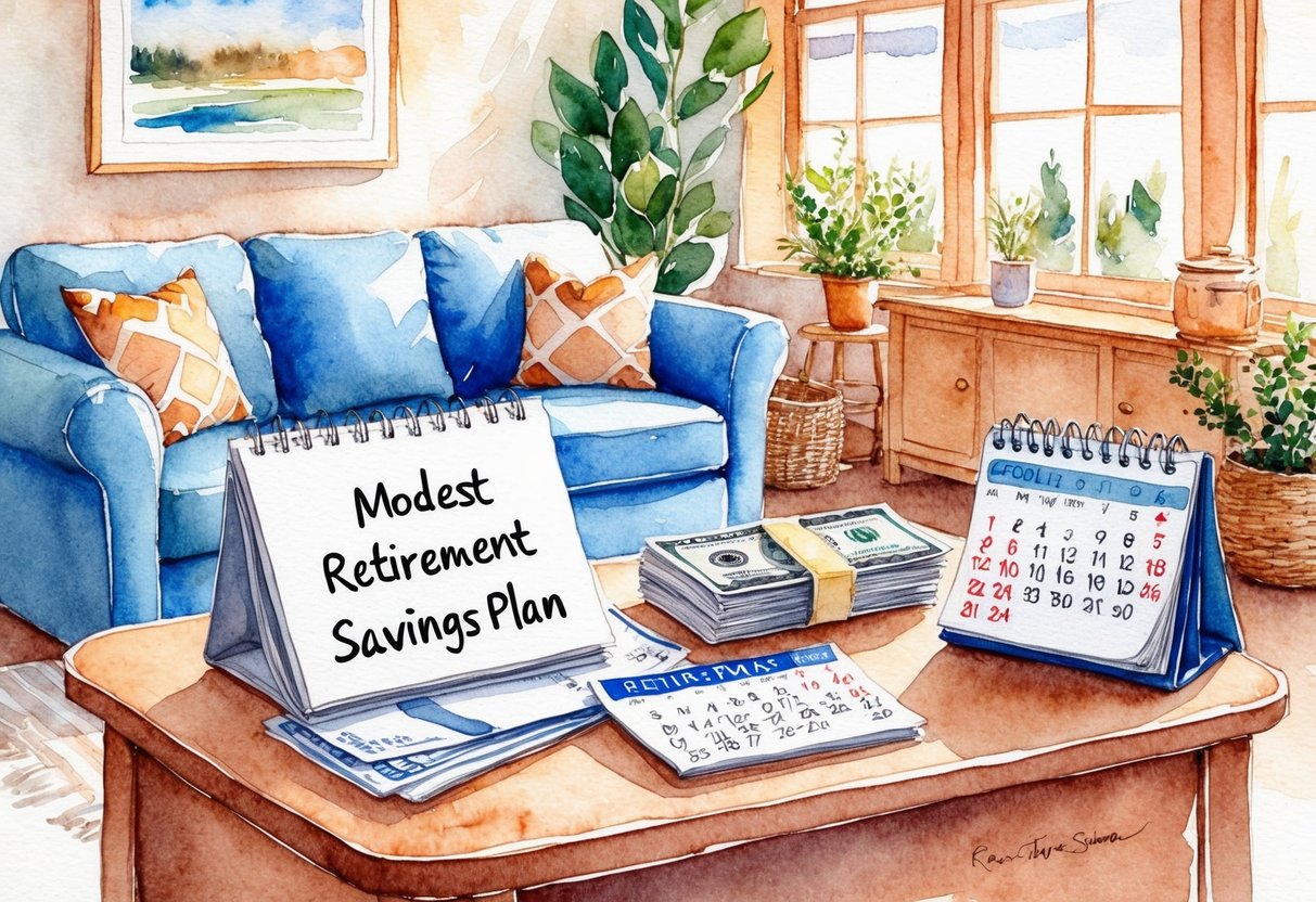 A cozy living room with a modest retirement savings plan on the table, alongside bills and a calendar showing the date of retirement