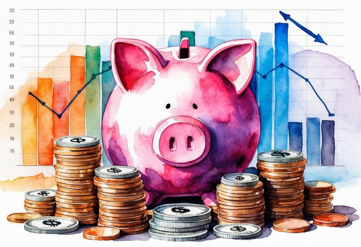 A piggy bank surrounded by stacks of coins and dollar bills, with a financial chart in the background