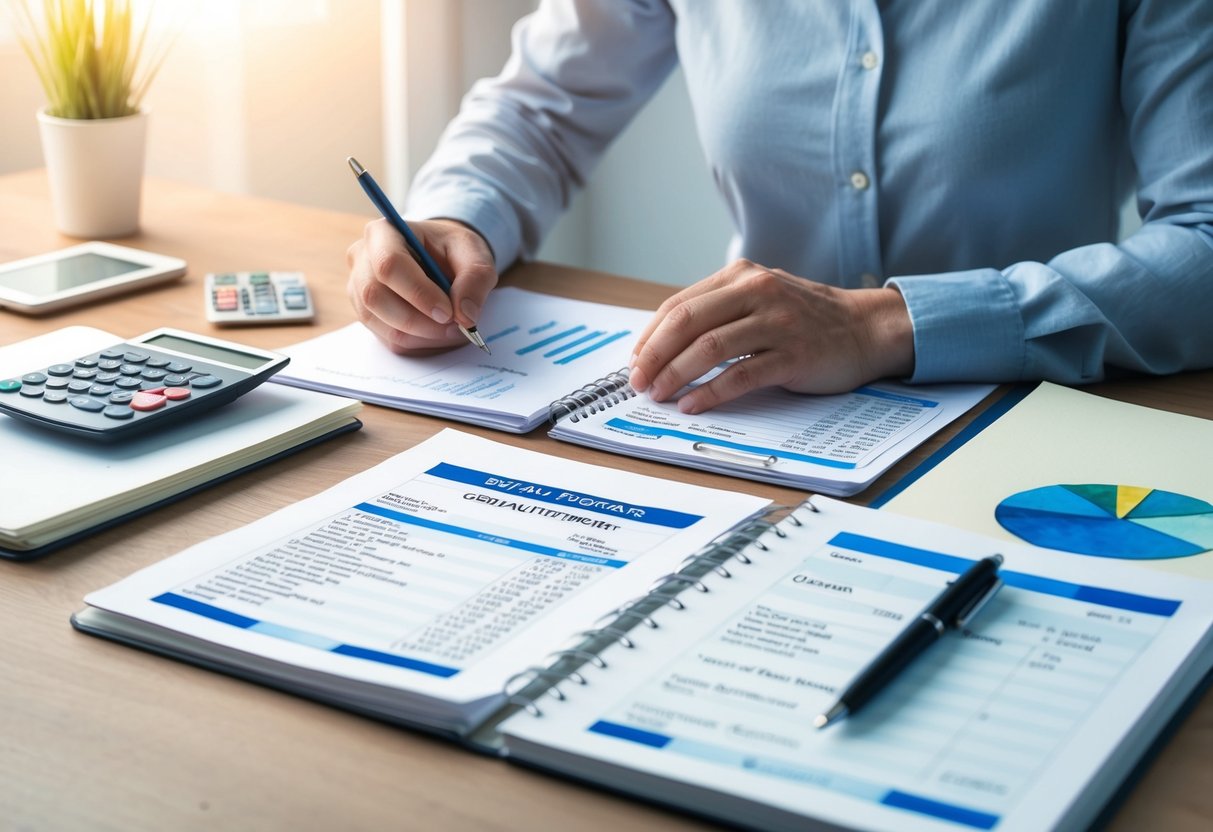 A person organizing and prioritizing bills and financial documents on a desk, with a calculator and notebook open