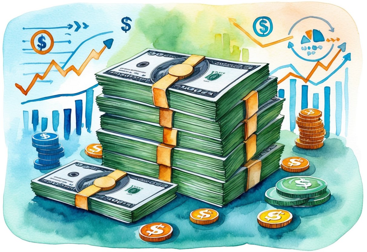 A stack of money growing larger, surrounded by various investment symbols and financial charts