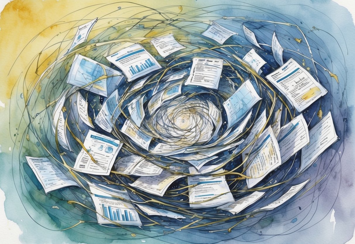 A tangled web of financial documents and symbols, swirling around a central point of confusion and complexity