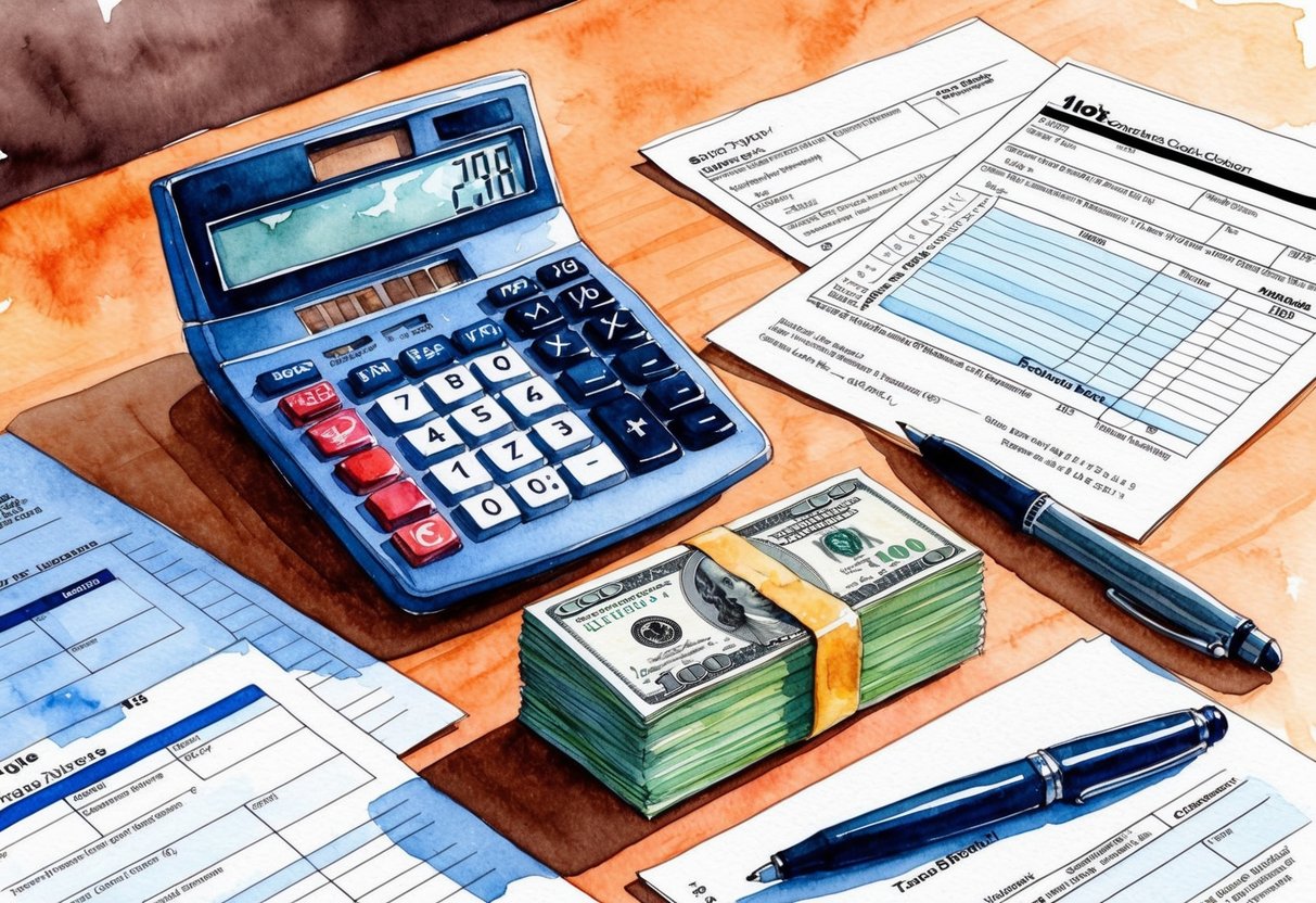 A stack of money and a calculator on a desk, surrounded by tax forms and payroll documents