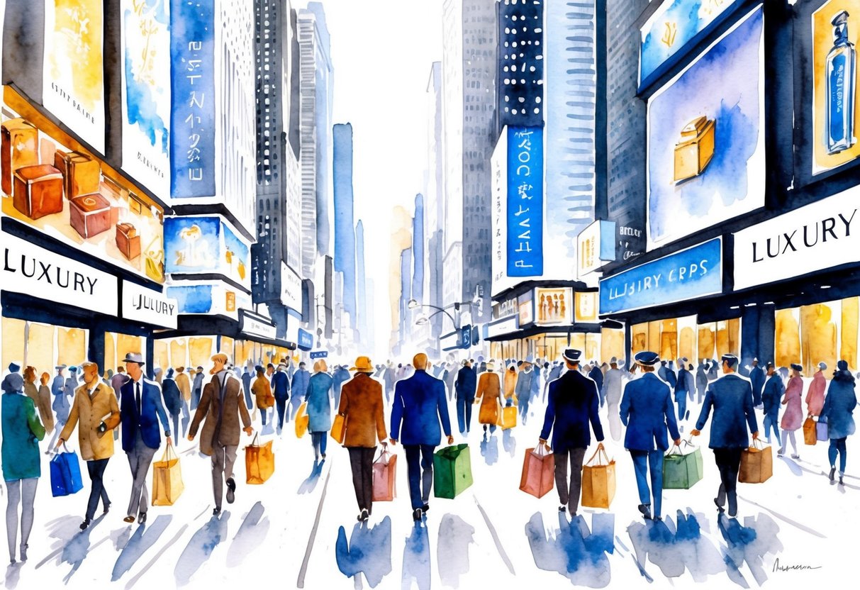 A crowded city street filled with towering skyscrapers and bright, flashing advertisements for luxury goods. Busy shoppers carrying bags and boxes of expensive items