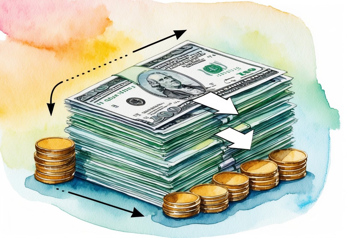 A stack of bills and coins arranged in a strategic pattern, with arrows indicating the flow of cash in and out