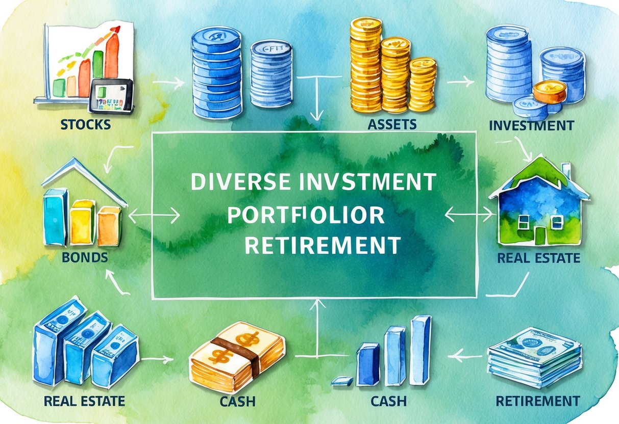 A diverse investment portfolio with various assets, including stocks, bonds, real estate, and cash, laid out in a strategic allocation plan for retirement