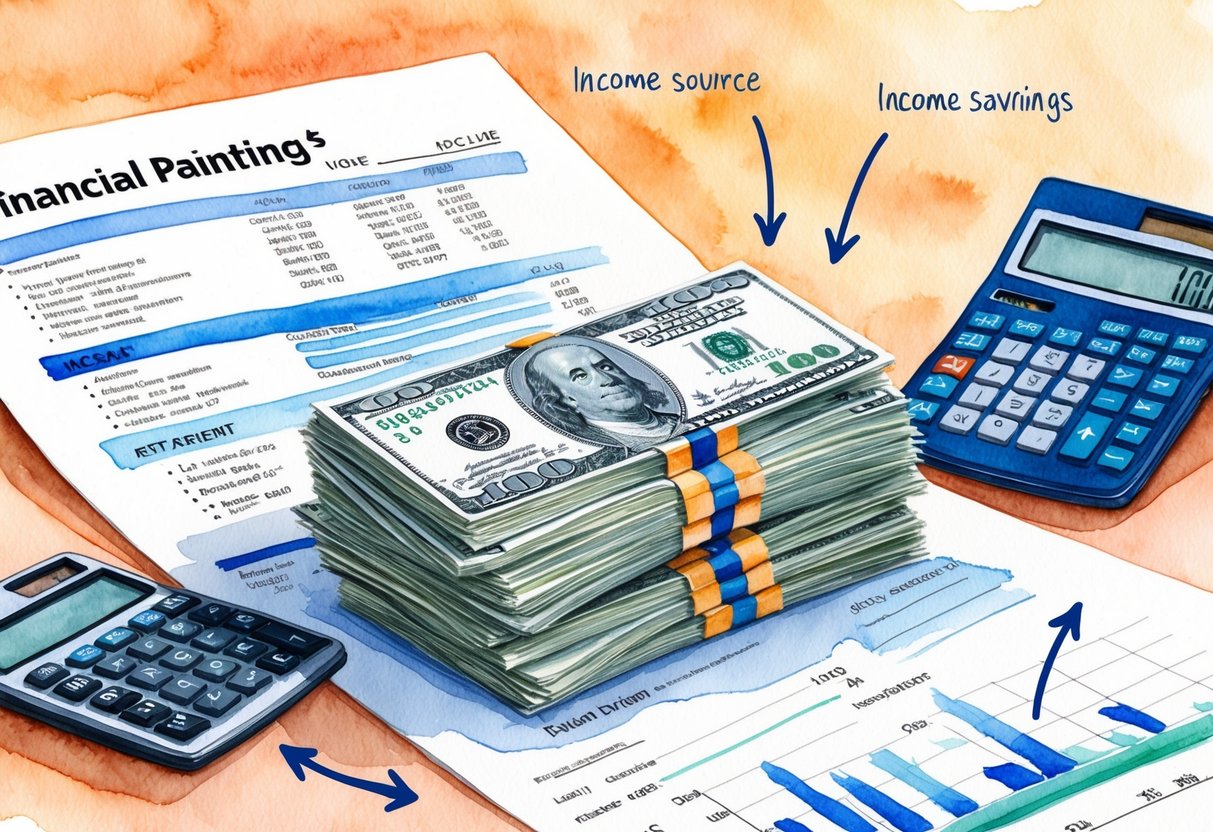 A stack of dollar bills surrounded by financial documents and calculators, with arrows pointing from income sources to retirement savings accounts