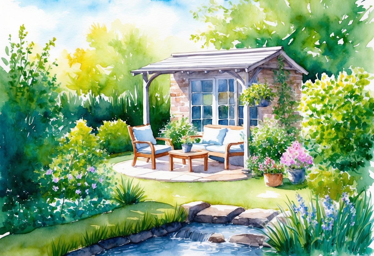 A serene, sunlit garden with a cozy outdoor seating area, surrounded by lush greenery and blooming flowers. A gentle stream flows nearby, adding to the peaceful ambiance