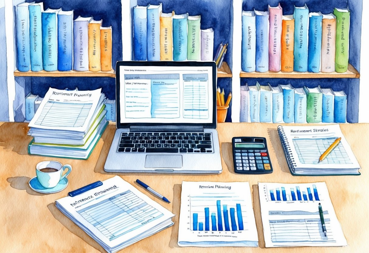 A serene and organized office desk with a laptop, calculator, and financial documents, surrounded by shelves of books on retirement planning and investment strategies