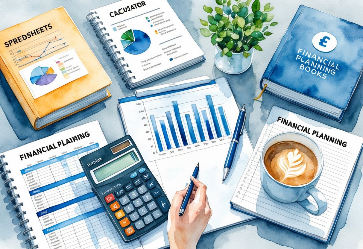 A calm, organized desk with spreadsheets, charts, and a calculator, surrounded by financial planning books and a cup of coffee
