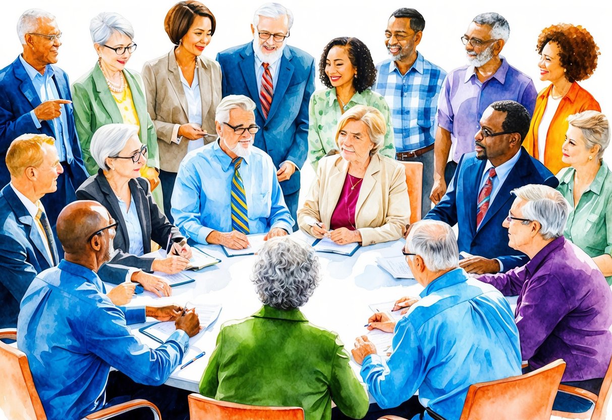 A diverse group of people of varying ages and backgrounds are gathered around a table, discussing and strategizing ways to manage and safeguard their retirement savings from unexpected health care costs