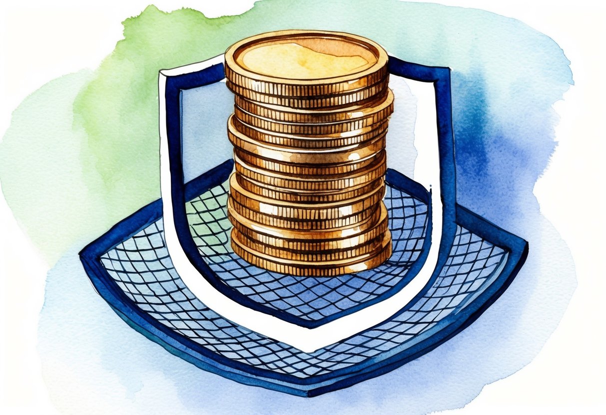 A stack of coins surrounded by a protective shield, with a safety net below, symbolizing safeguarding retirement savings from unexpected expenses