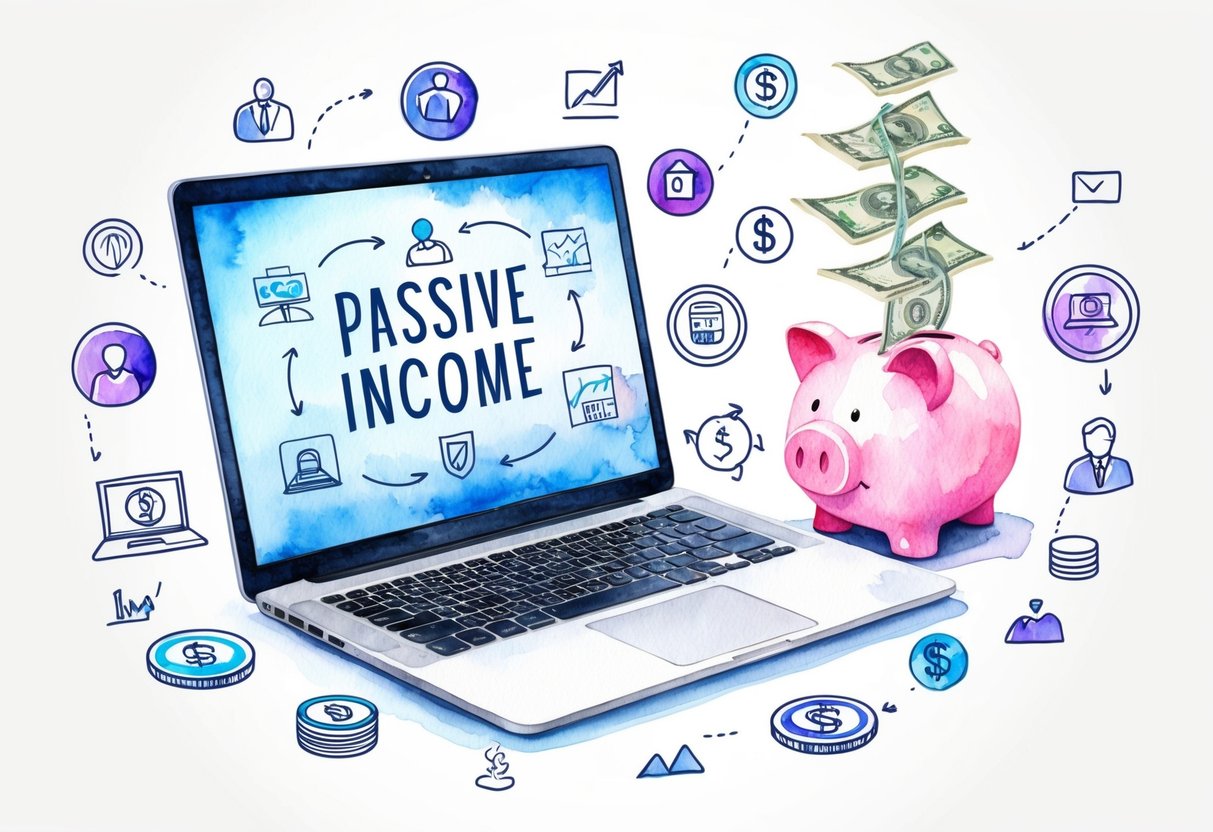 A laptop surrounded by various business icons and symbols, with money flowing into a piggy bank, representing passive income from a side hustle