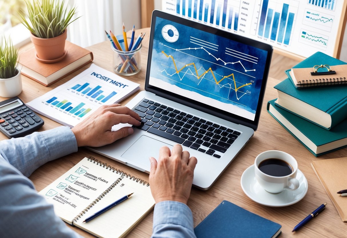 A person working on a laptop at a cozy home office, surrounded by books and financial charts, with a cup of coffee and a notepad filled with investment ideas