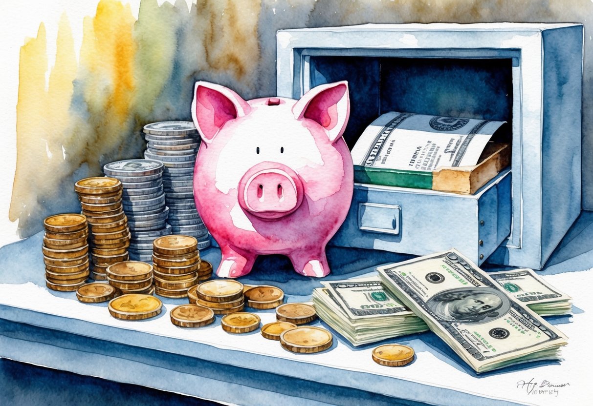 A piggy bank sits on a shelf, surrounded by stacks of coins and dollar bills. A safety deposit box is open, revealing important documents and valuables inside