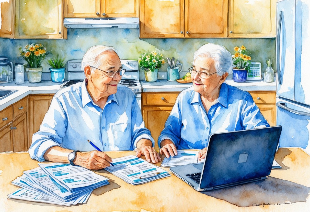 A serene elderly couple sits at a kitchen table, surrounded by financial documents and a laptop. They are discussing retirement savings and benefits