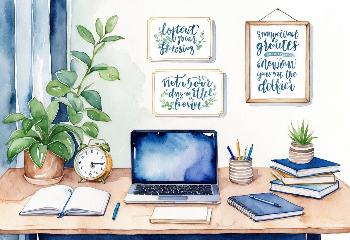 A cozy home office setup with a laptop, notebook, and pen on a desk. A stack of books on the side, with a plant and motivational quotes on the wall