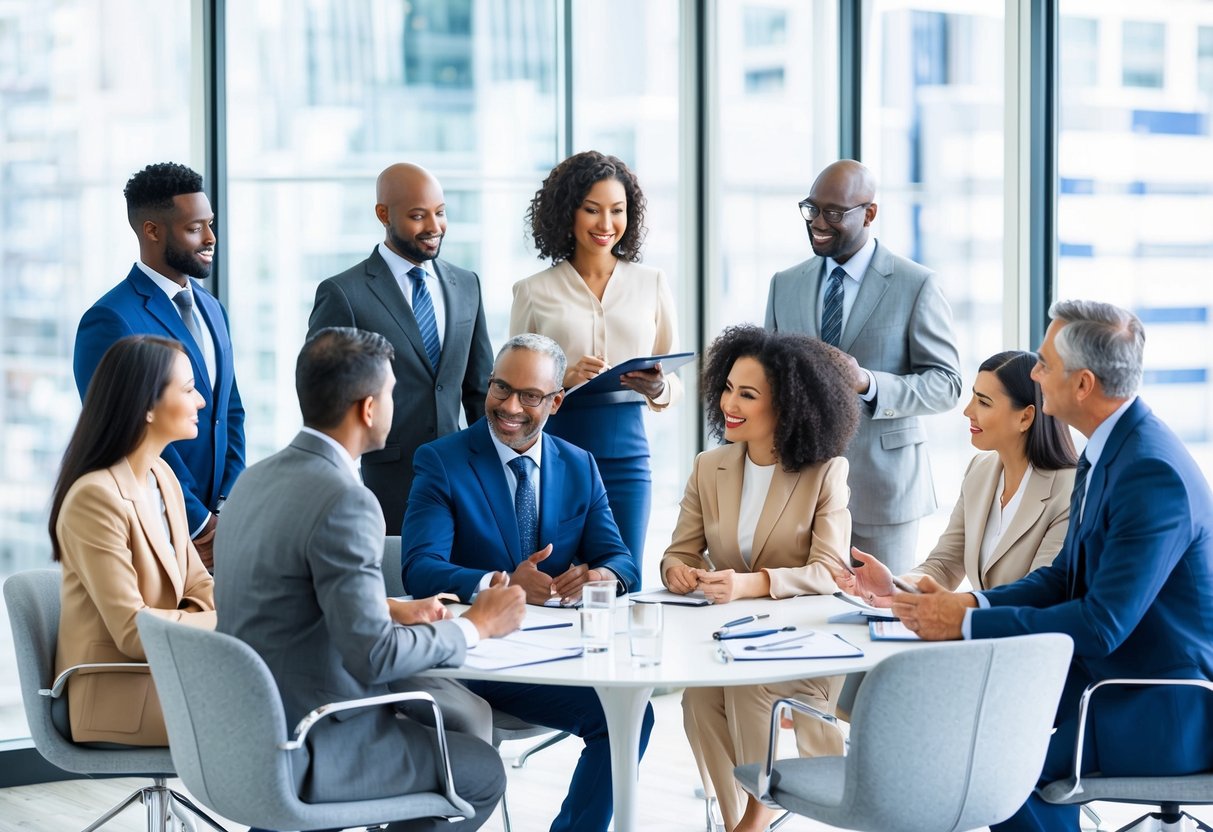 A diverse group of financial professionals discussing retirement savings strategies in a modern office setting