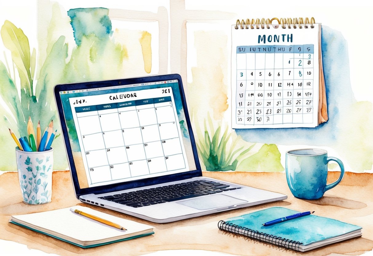 A cozy home office with a laptop, notebook, and coffee mug. A calendar on the wall shows a month filled with successful side hustle projects