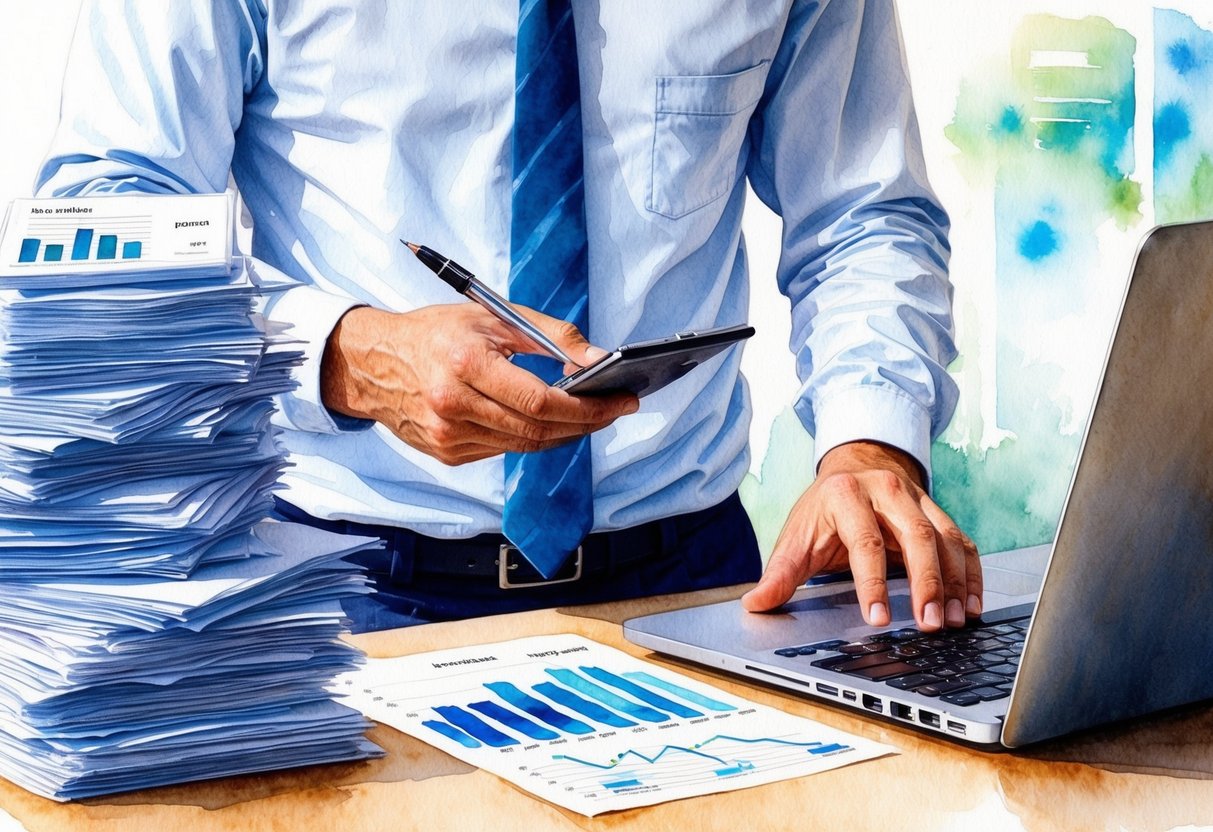 A person reviewing financial documents and charts, with a calculator and pen, surrounded by stacks of paperwork and a laptop