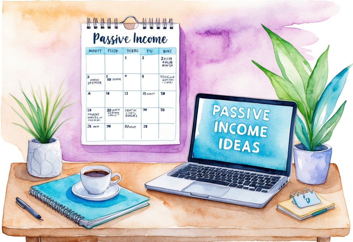 A cozy home office with a laptop, notebook, and cup of coffee. A calendar on the wall shows a month filled with passive income ideas