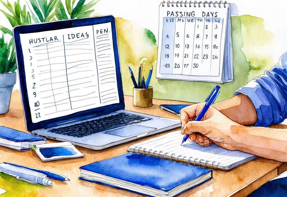 A cluttered desk with a laptop, notebook, and pen. A person's hand is seen writing down ideas for side hustles. A calendar on the wall displays the passing days