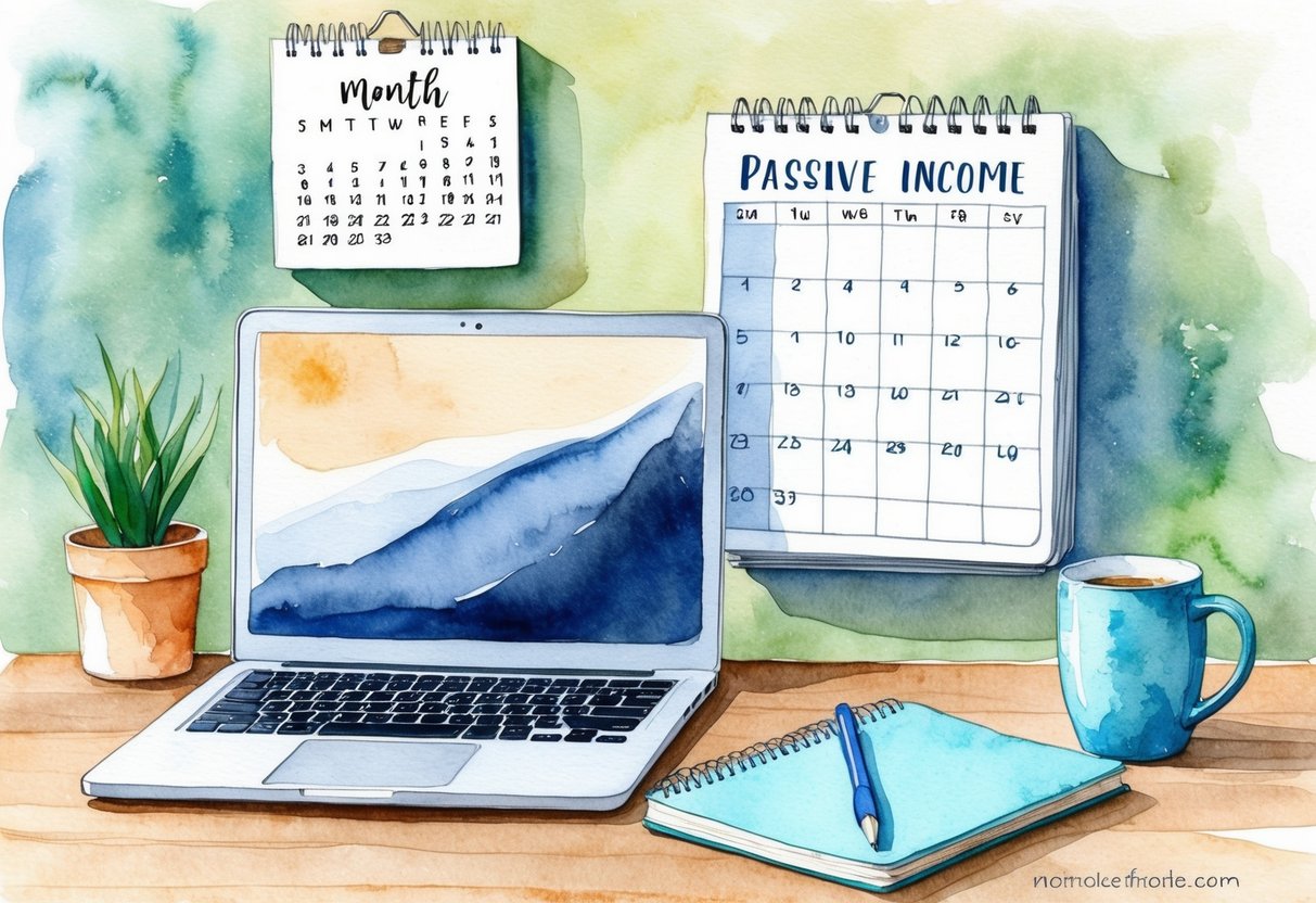 A cozy home office setup with a laptop, notebook, and coffee mug. A calendar on the wall shows a month's worth of passive income goals