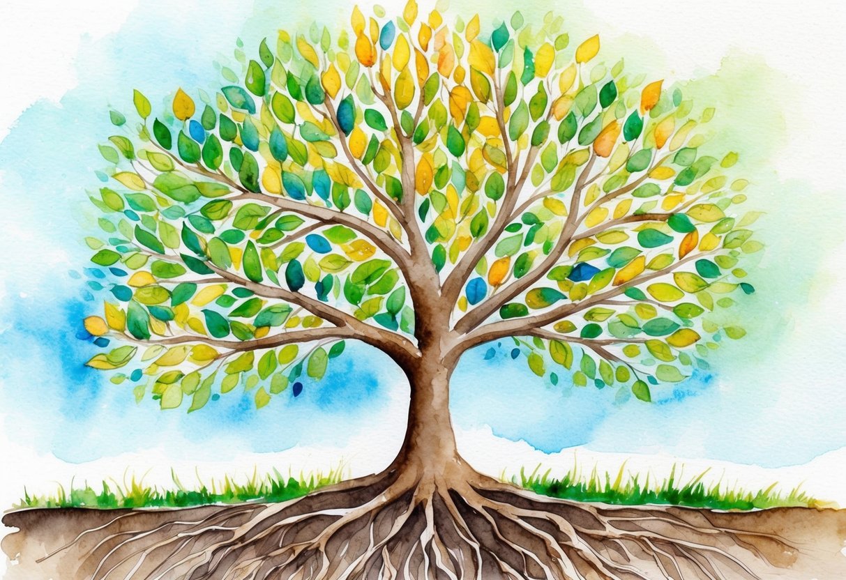 A tree with roots spreading deep into the ground, branches reaching towards the sky, and leaves flourishing with vibrant colors, symbolizing the growth and abundance of income through smart investments